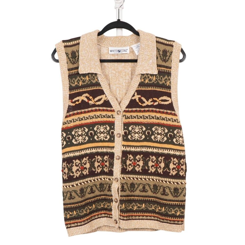 Fall Sweater Vest L VTG Earthy Preppy Momcore Boho Knit Lagenlook Floral Cream